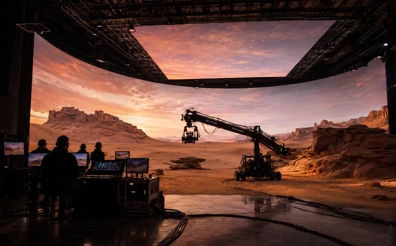 Inside the production house’s virtual production stage: a curved LED wall and ceiling showing a desert escarpment at dusk, a camera crane on the sand floor, and crew at monitors in silhouette. Render.