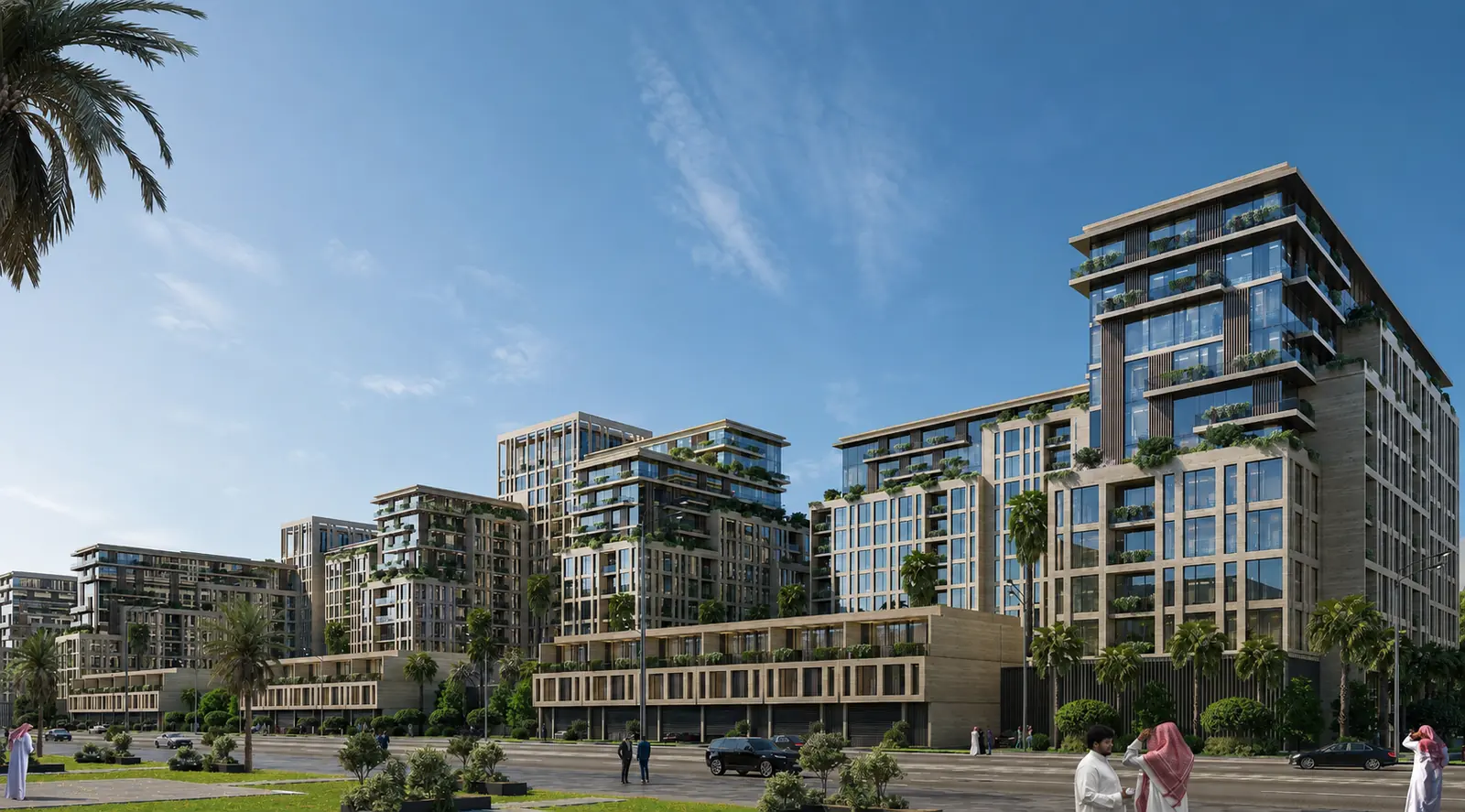 The Knowledge Gardens district by day: stepped stone blocks with planted terraces running back along a palm-lined boulevard to the tallest of them. Render.