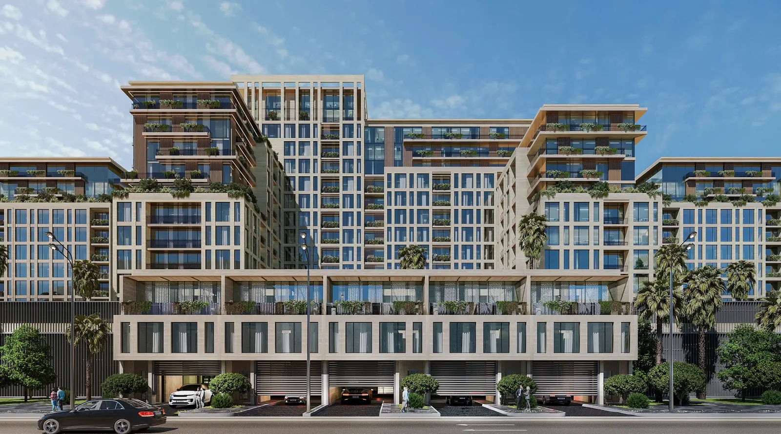 The main elevation head-on: a two-storey podium of shaded terraces beneath residential floors set back in stages, each setback planted.