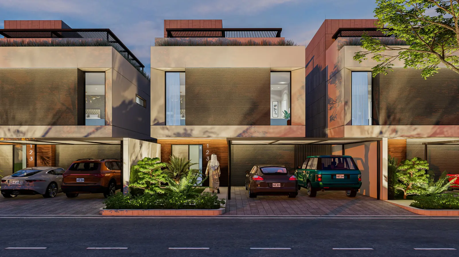 Villa frontages seen head-on: stone and timber elevations with deep window reveals, planting beds, and cars under the carports.
