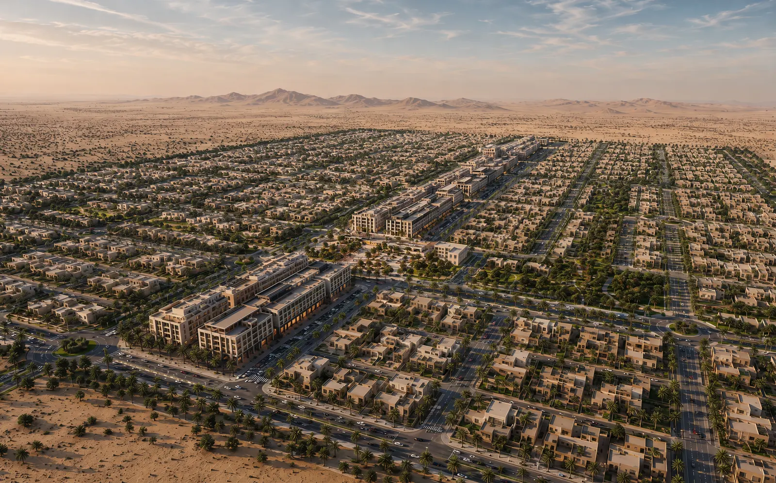Melaisa Residential Community from the air in low sun: villa neighbourhoods on a street grid running back from a low-rise commercial spine, palm-lined avenues between them, and open desert and hills beyond. Render.