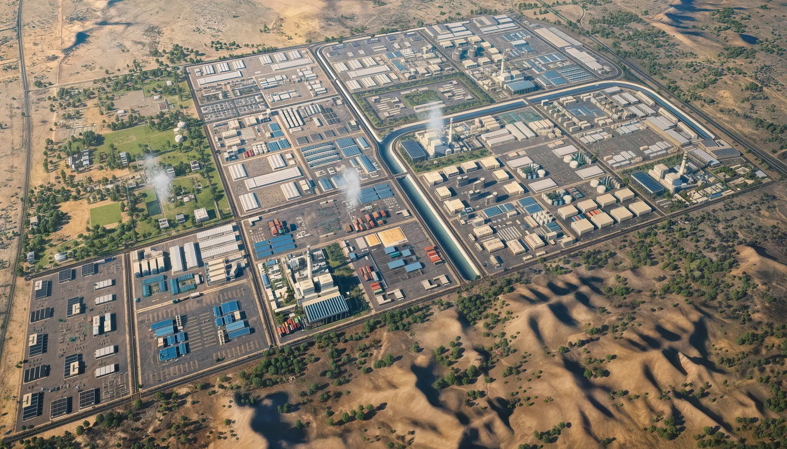 Aerial view of the zone's grid of serviced plots and warehouse blocks, divided by a central water channel and edged by open desert.