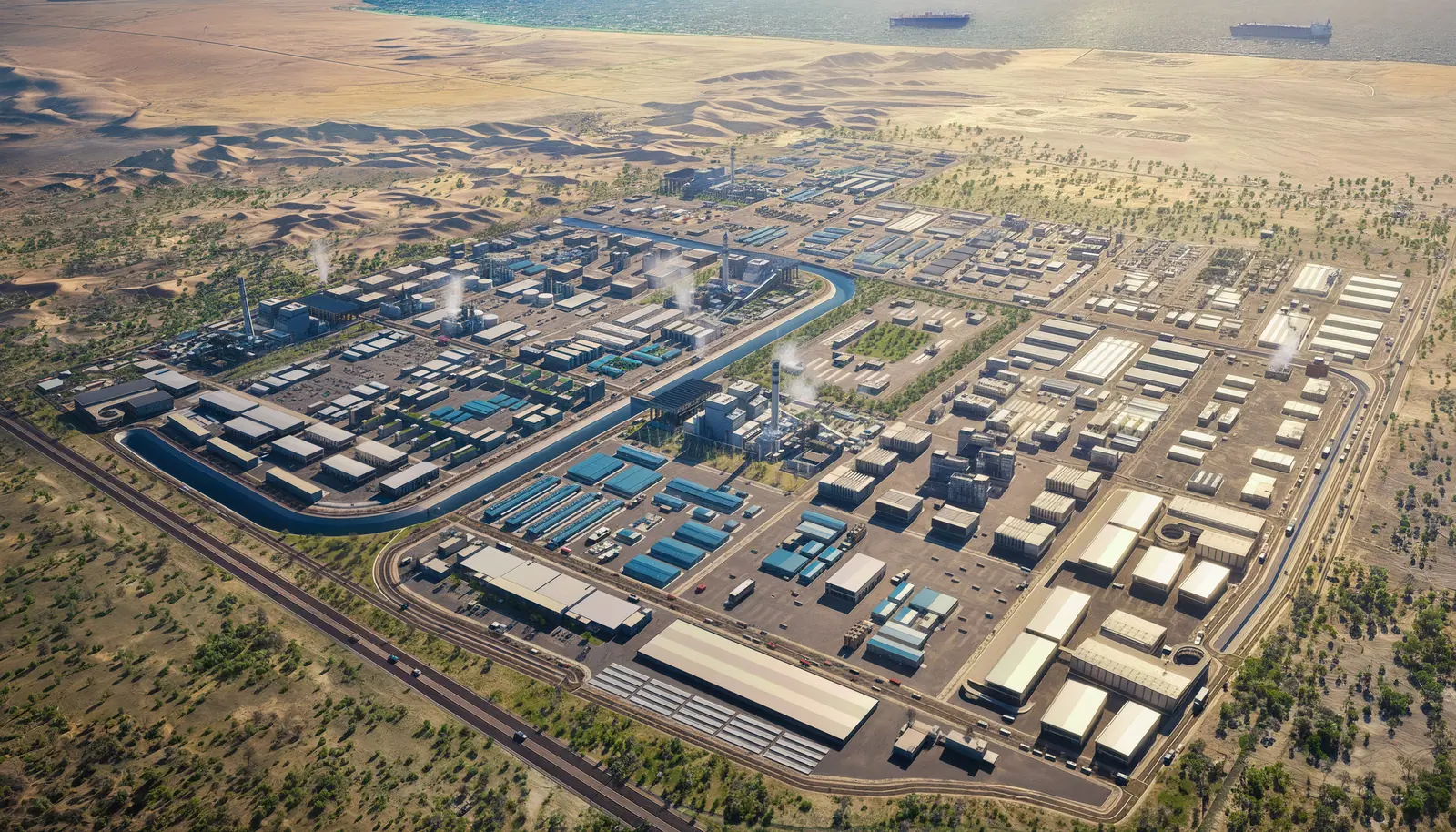 Aerial view of the Rabigh Logistics Oases master plan laid out behind the coastline, with vessels at anchor on the Red Sea beyond.
