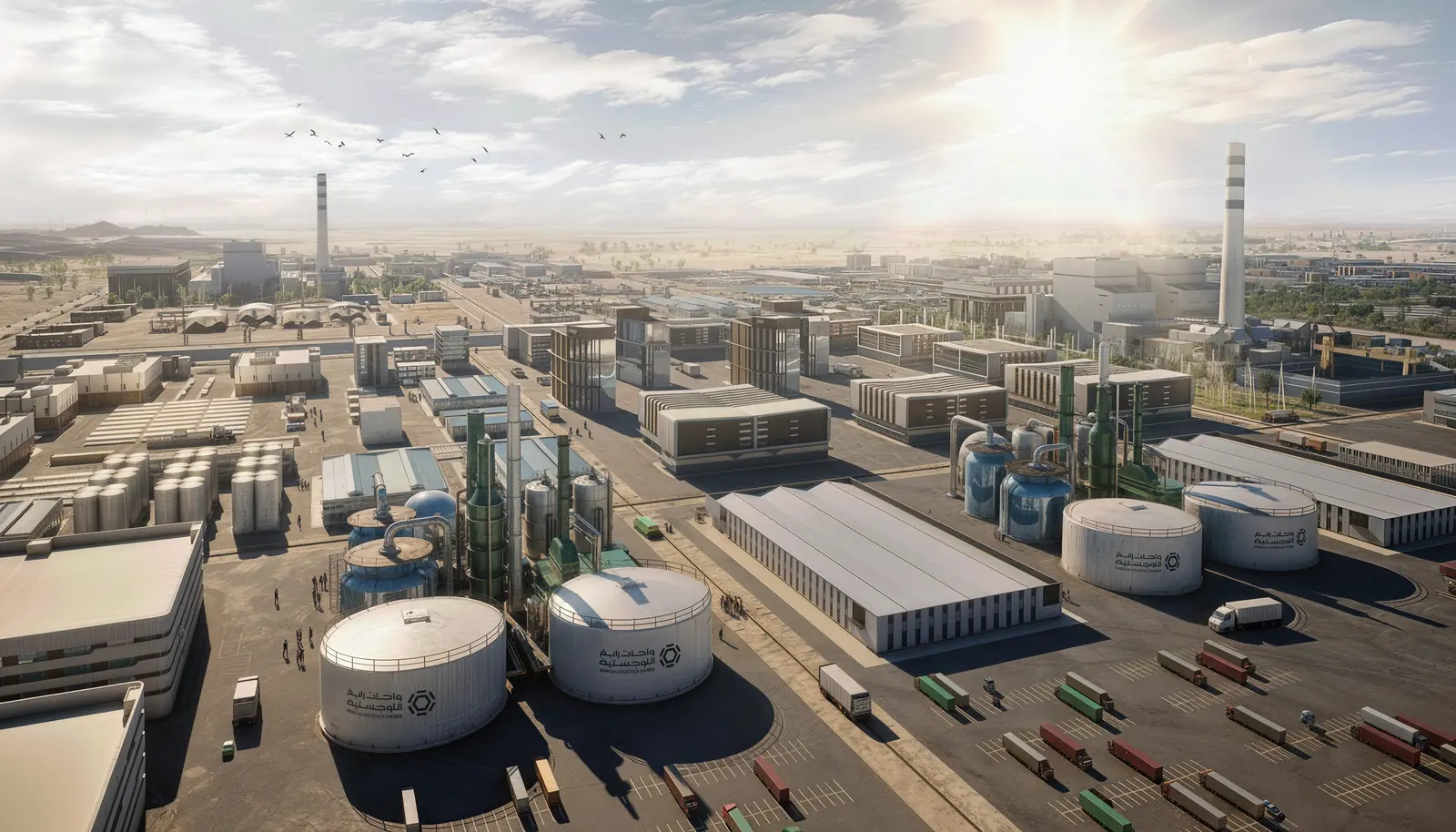 Bulk storage tanks and a processing plant, with trailers queued on the yard beside them.