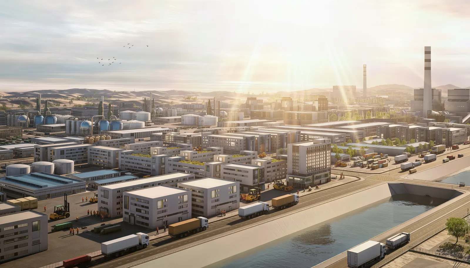 Late-afternoon view along the canal quay, trucks moving on the service road beside blocks of light industry.