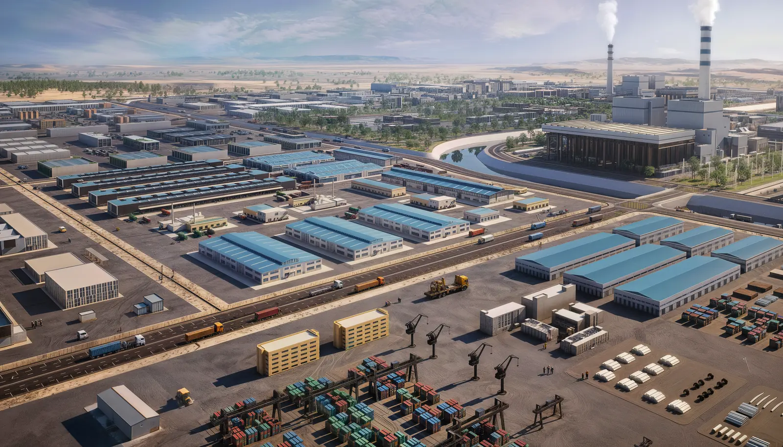 Container yard with gantry cranes and a rail spur running between long rows of warehousing.
