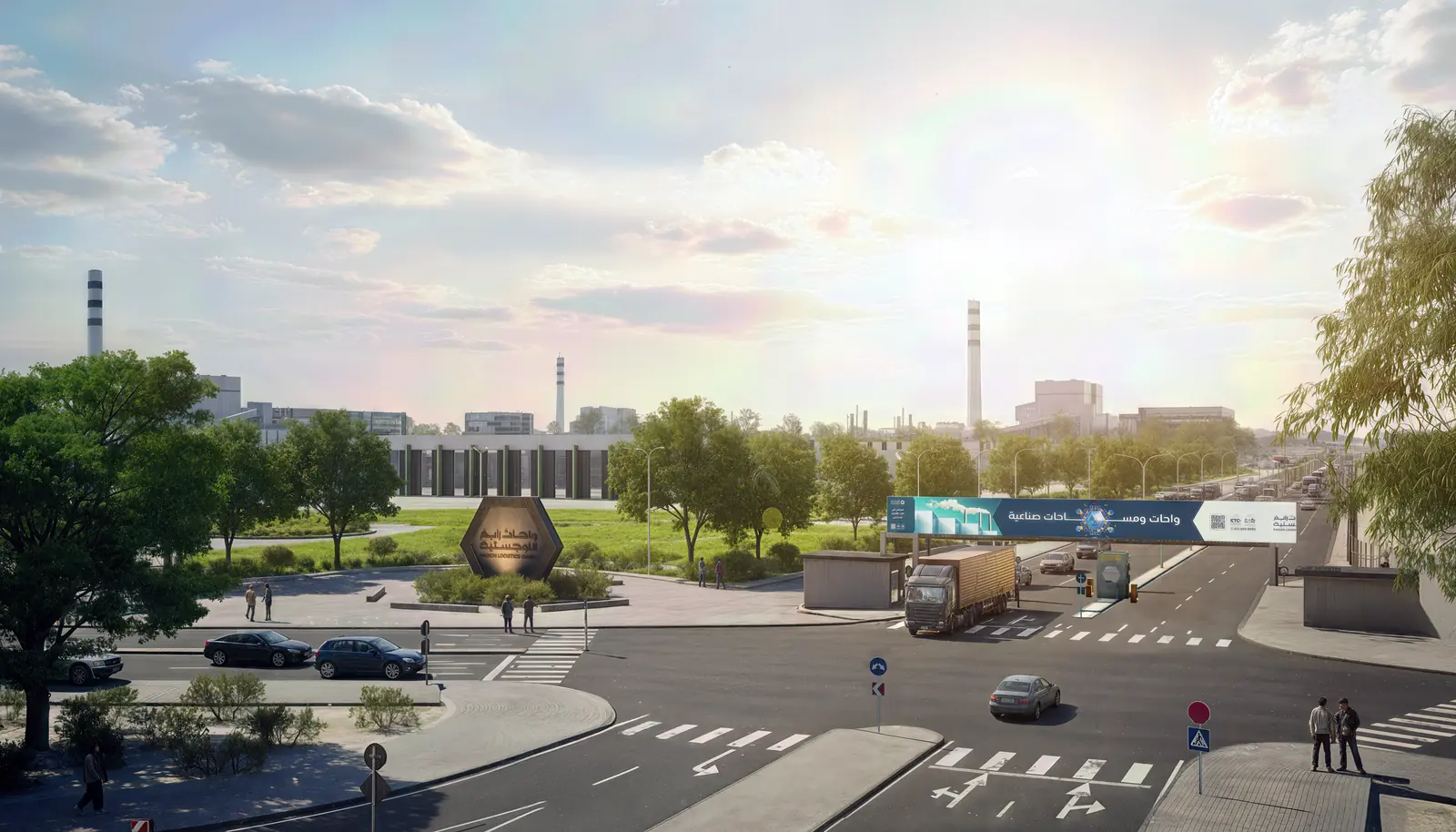 The project's main gate: a monument sign at a landscaped roundabout, with trucks and cars entering the zone past the control point.
