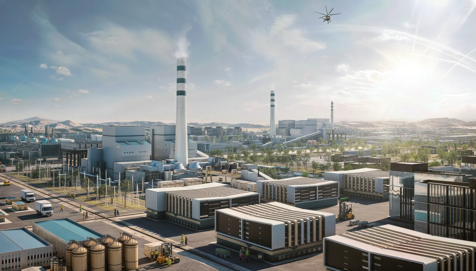 The industrial quarter under a bright sky: process plant and stacks behind rows of storage buildings, with trucks loading in the foreground.