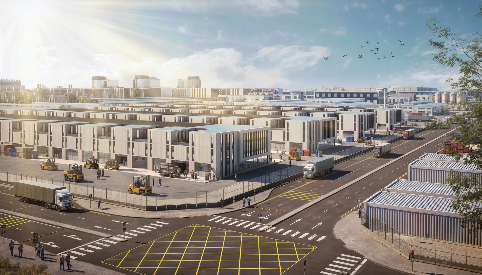 Street-level view of two-storey warehouse units with loading bays, forklifts working the apron, and trucks on the service road.