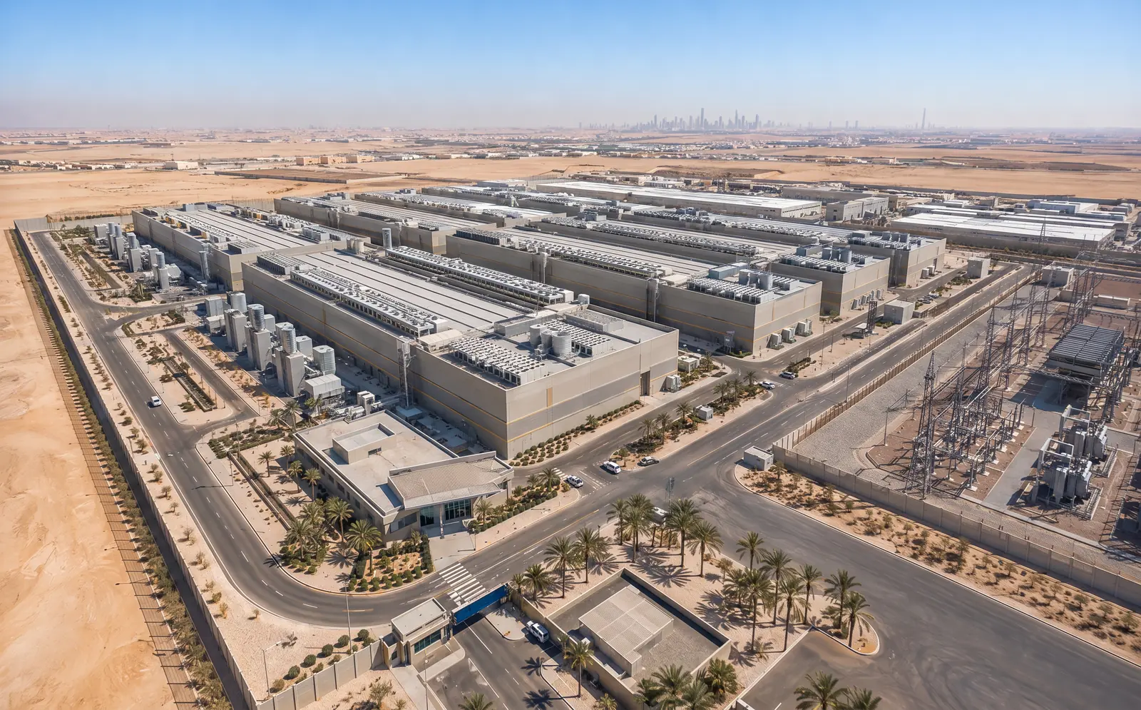 The Riyadh data center campus from the air: parallel rows of long windowless halls carrying rooftop cooling plant, a transformer yard along one side, a palm-lined entrance road, and the Riyadh skyline faint on the horizon. Render.