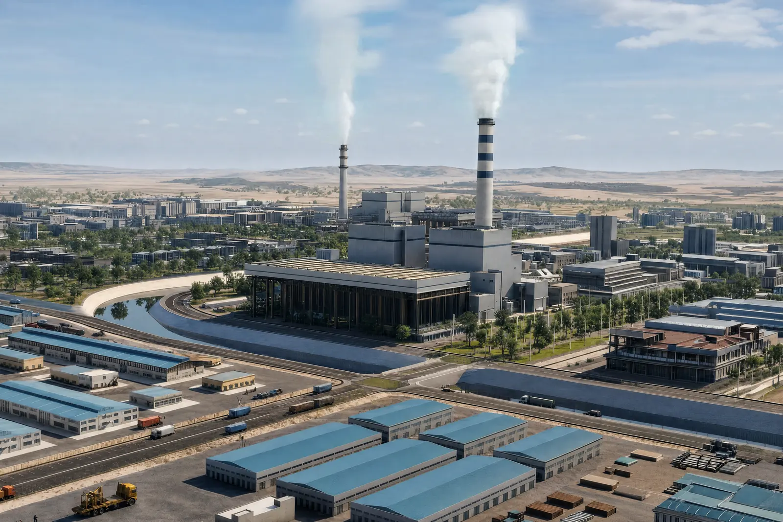 An industrial estate from the air: a process plant and two stacks at the centre, warehouse rows and a canal around them.