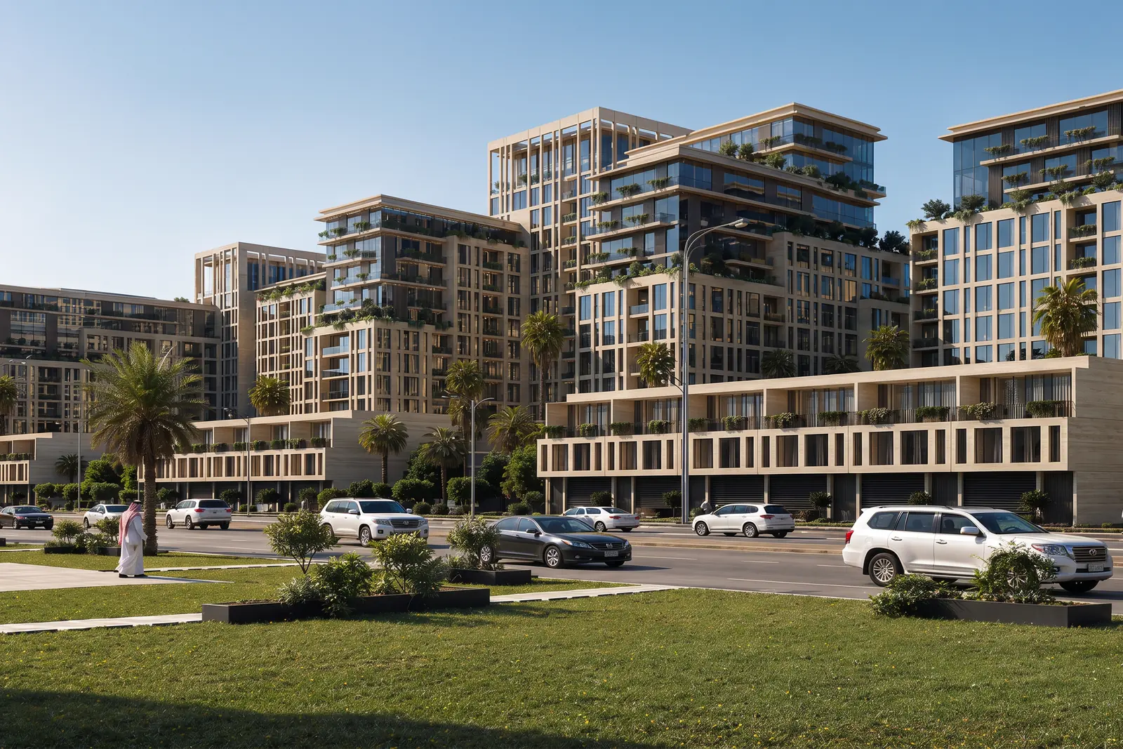 A stepped mixed-use district along its avenue: stone and glass blocks with planted terraces, palms and lawn at the roadside.
